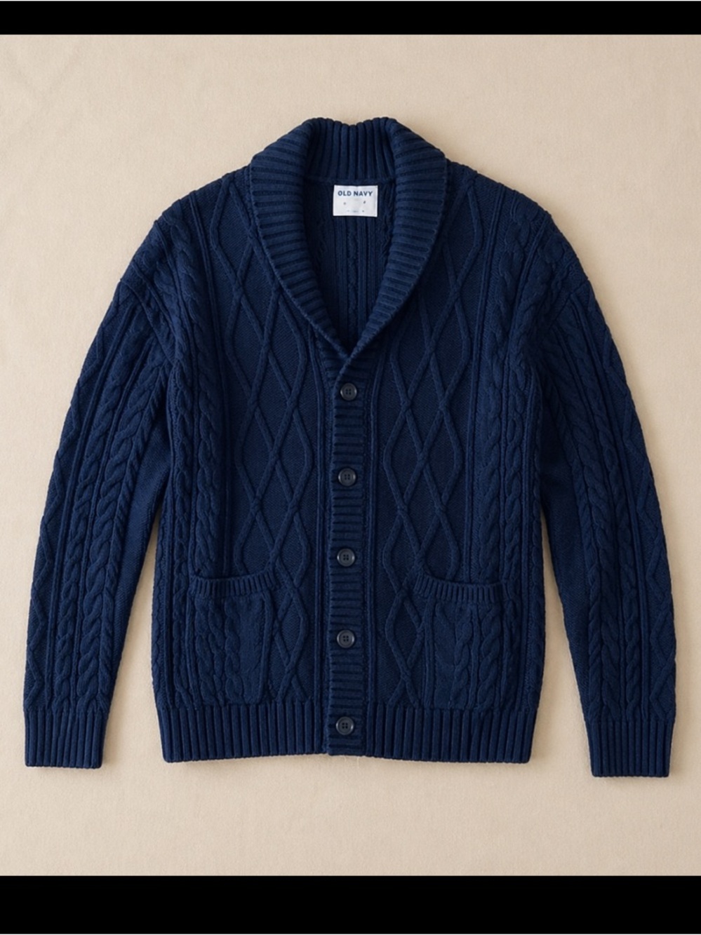 Old Navy Shawl Collar Fisherman Cardigan Men Large Cable Knit Navy Blue Cozy
